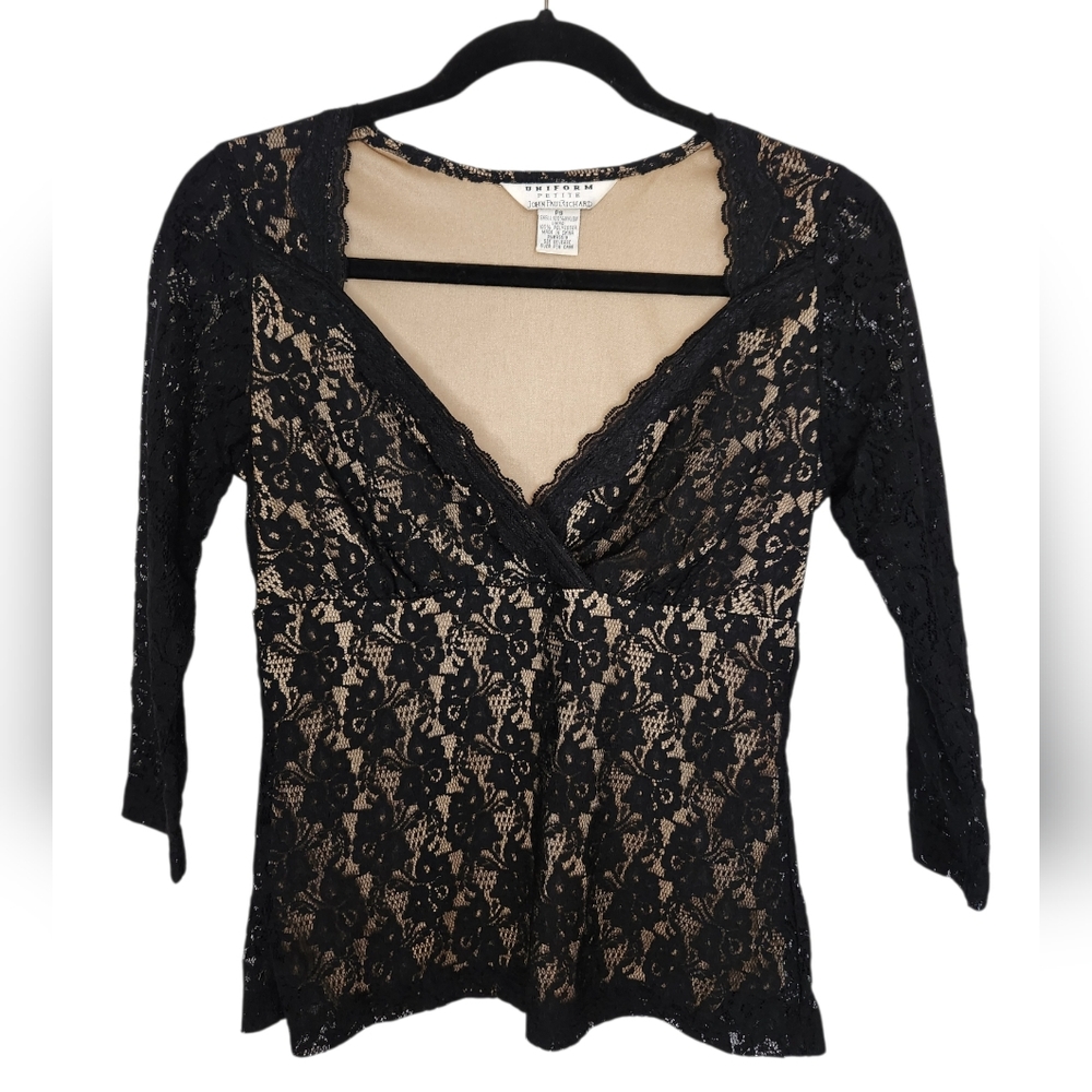 John Paul Richard Black Lace Illusion Top Petite Small Sheer Floral Lace Blouse